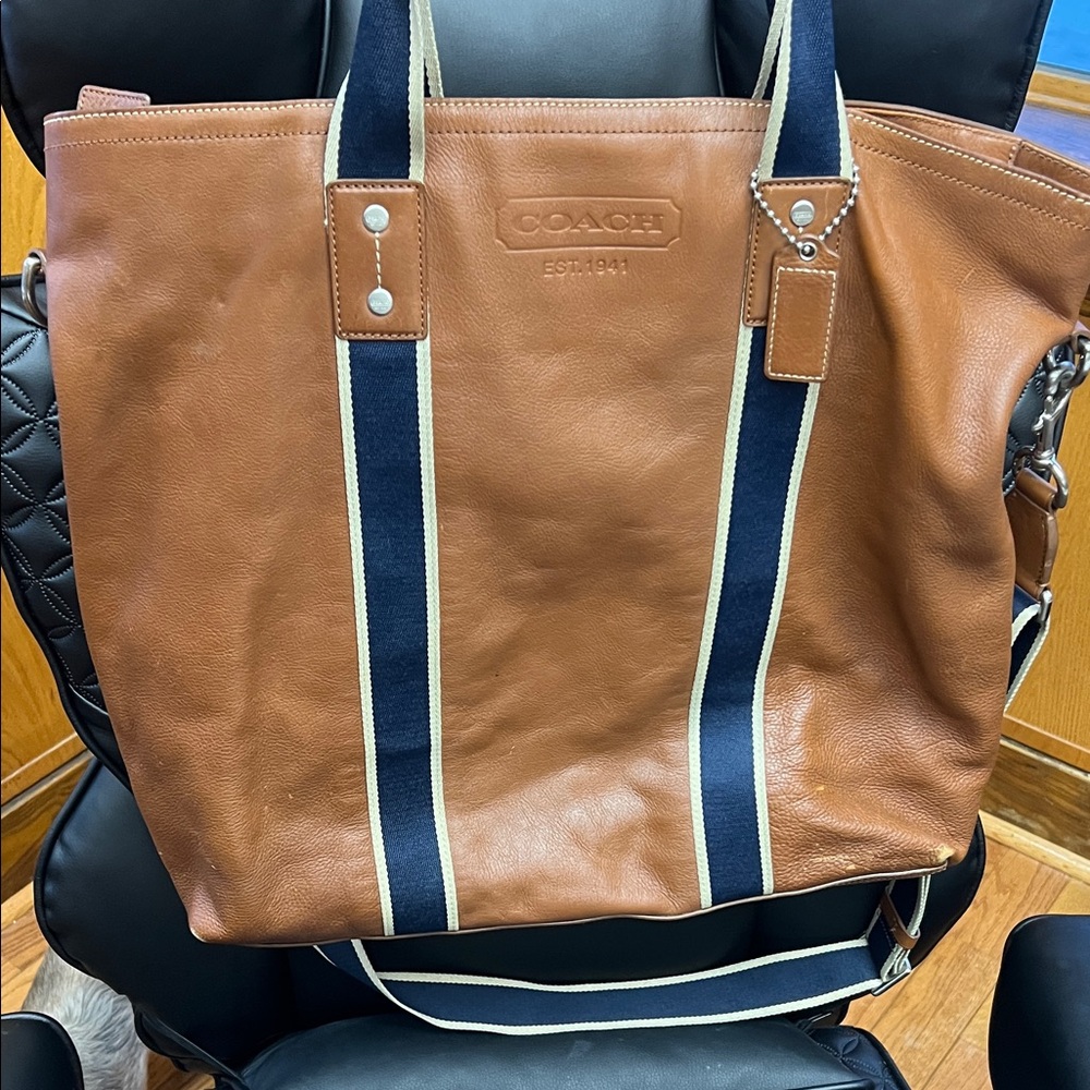 Coach Tan Leather Men's Messenger Bag with Navy Stripes